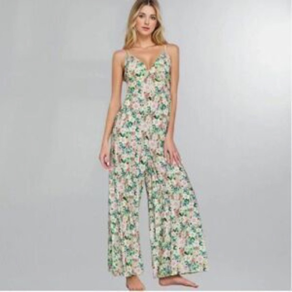 Aakaa Green Floral Jumpsuit Open Back Wide Leg